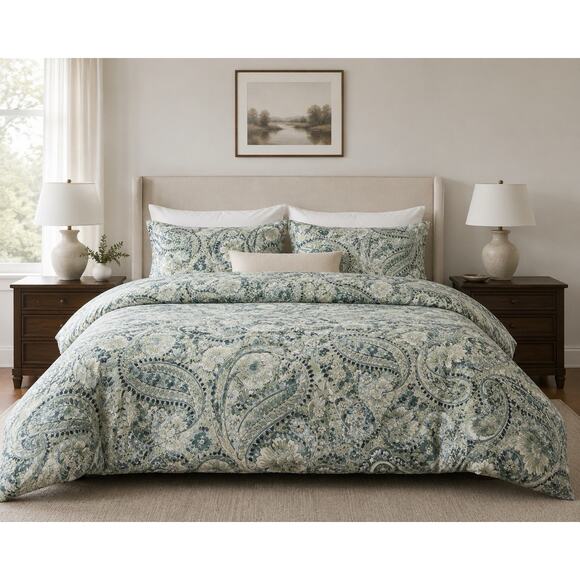 Pottery Barn Other - Pottery Barn BELLA Paisley Floral Duvet Blue Sage 100% Organic Cotton - King